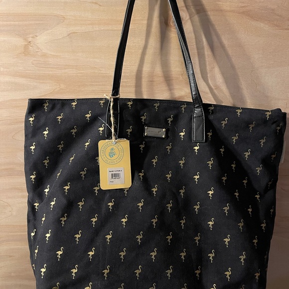 Carribean Joe Island Supply Co. Beautiful Flamingo Black Tote Bag w/ pockets. - Picture 7 of 8